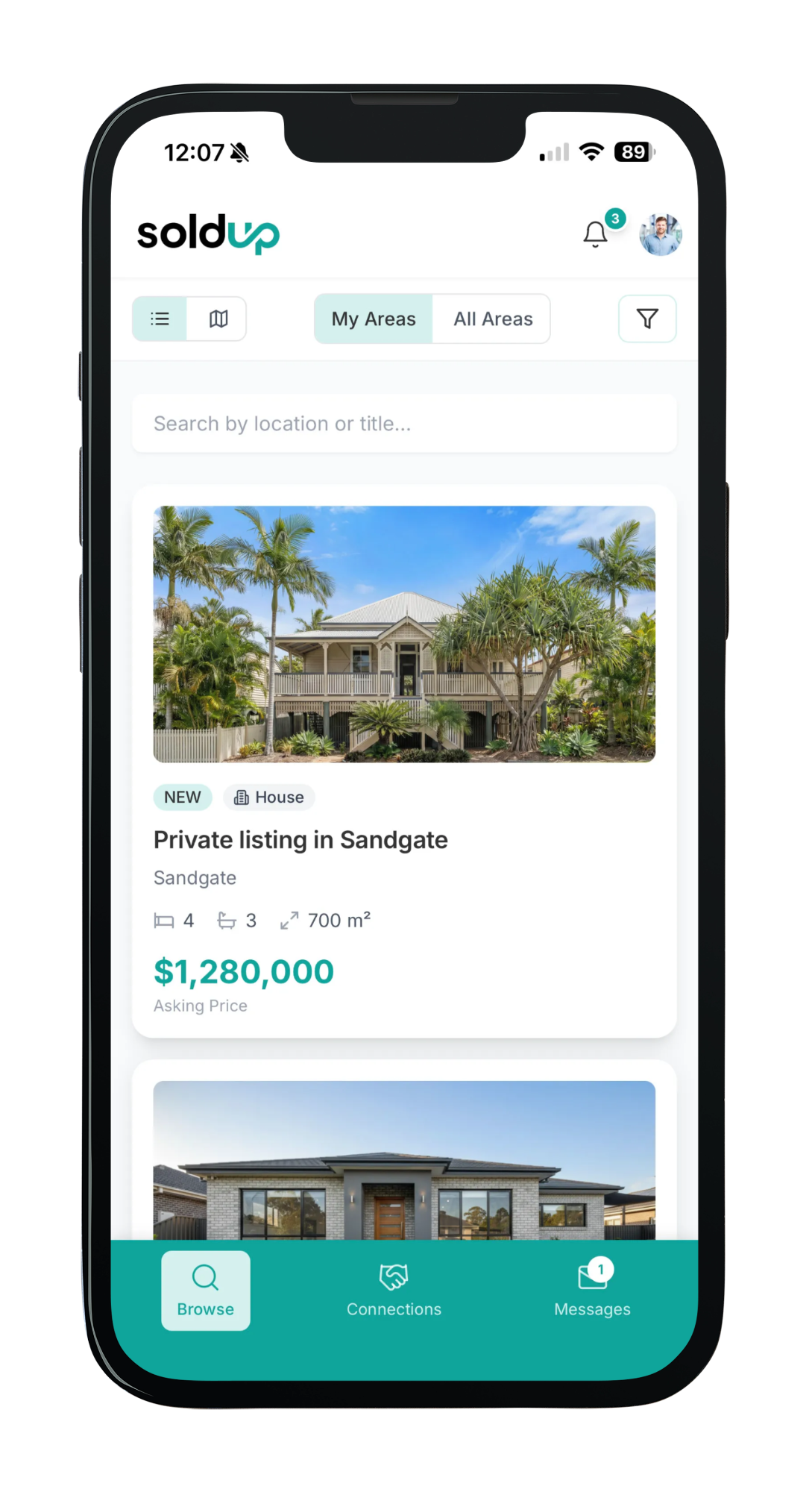 SoldUp app interface showing property listings